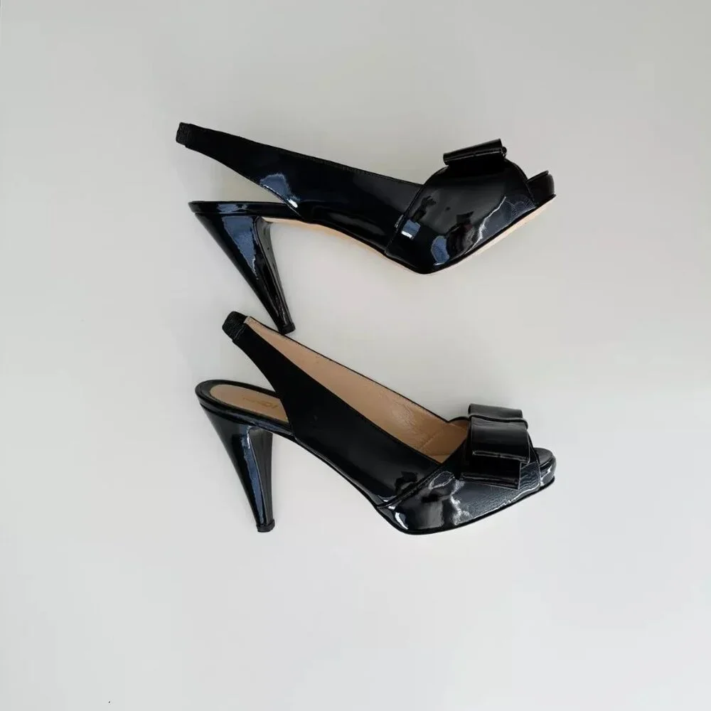 FENDI Women's Black Patent Leather Bow Platform Slingback Pumps Size 36.5 US 6.5